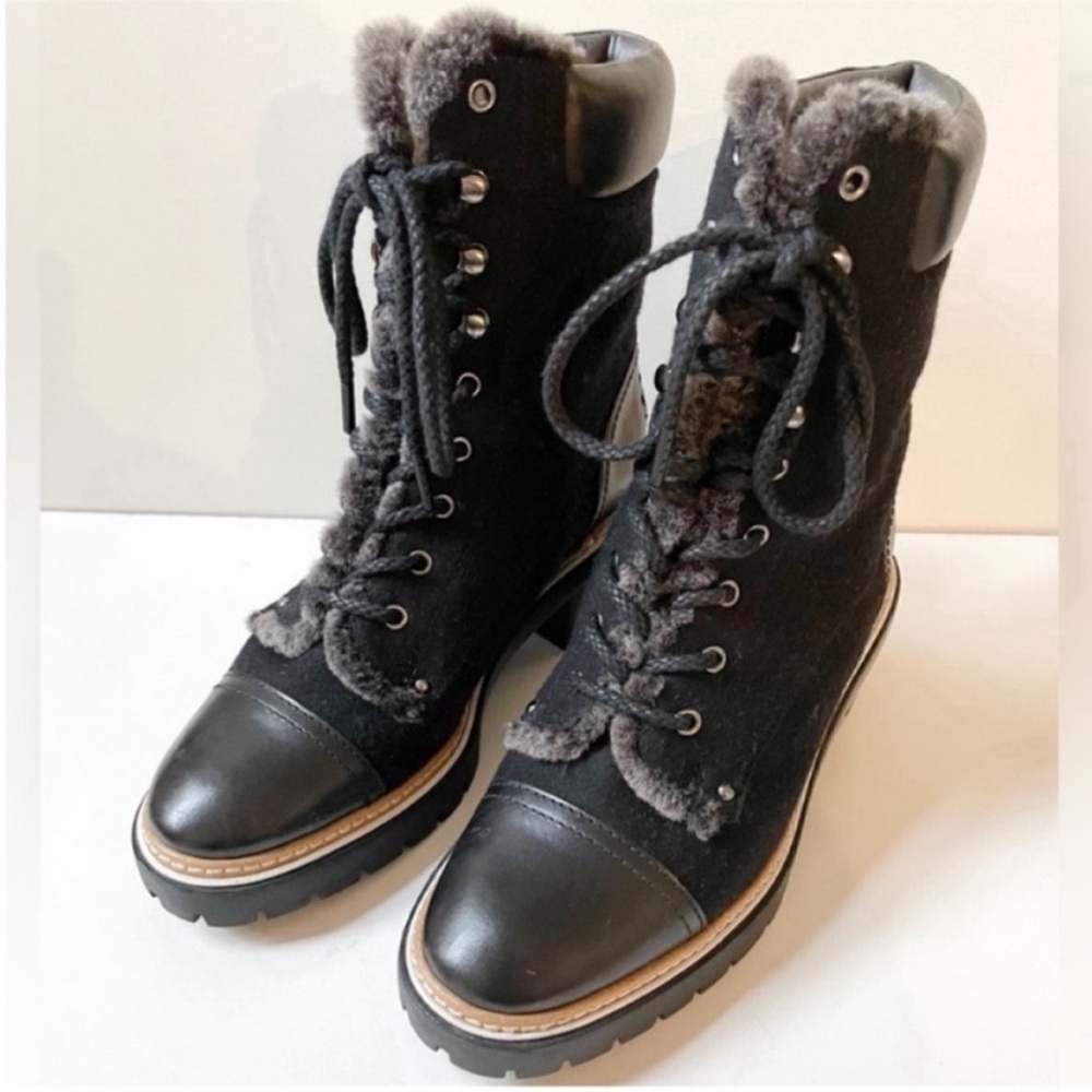 New Tory Burch Miller 60MM Black Lug Sole Shearling Boots Size 7.5 - Picture 12 of 13